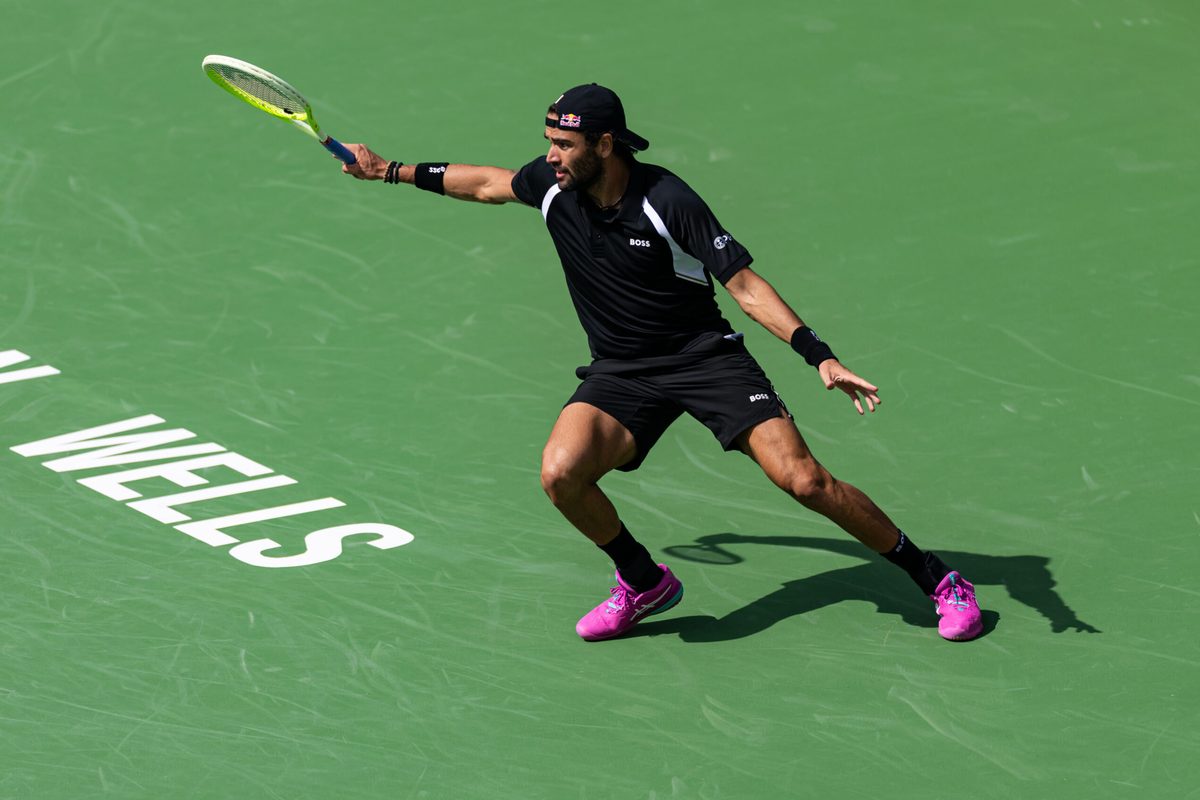 Mar 6, 2026; Indian Wells, CA, USA; Matteo Berrettini of Italy in action against Alexander Zverev of Germany in the second round of the BNP Paribas Open at the Indian Wells Tennis Garden. Mandatory Credit: Mike Frey-Imagn Images