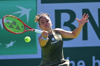 Mar 8, 2026; Indian Wells, CA, USA; Jasmine Paolini (ITA) hits a shot during her third round match against Ajla Tomljanovic (AUS) in the BNP Paribas Open at the Indian Wells Tennis Garden. Mandatory Credit: Jayne Kamin-Oncea-Imagn Images