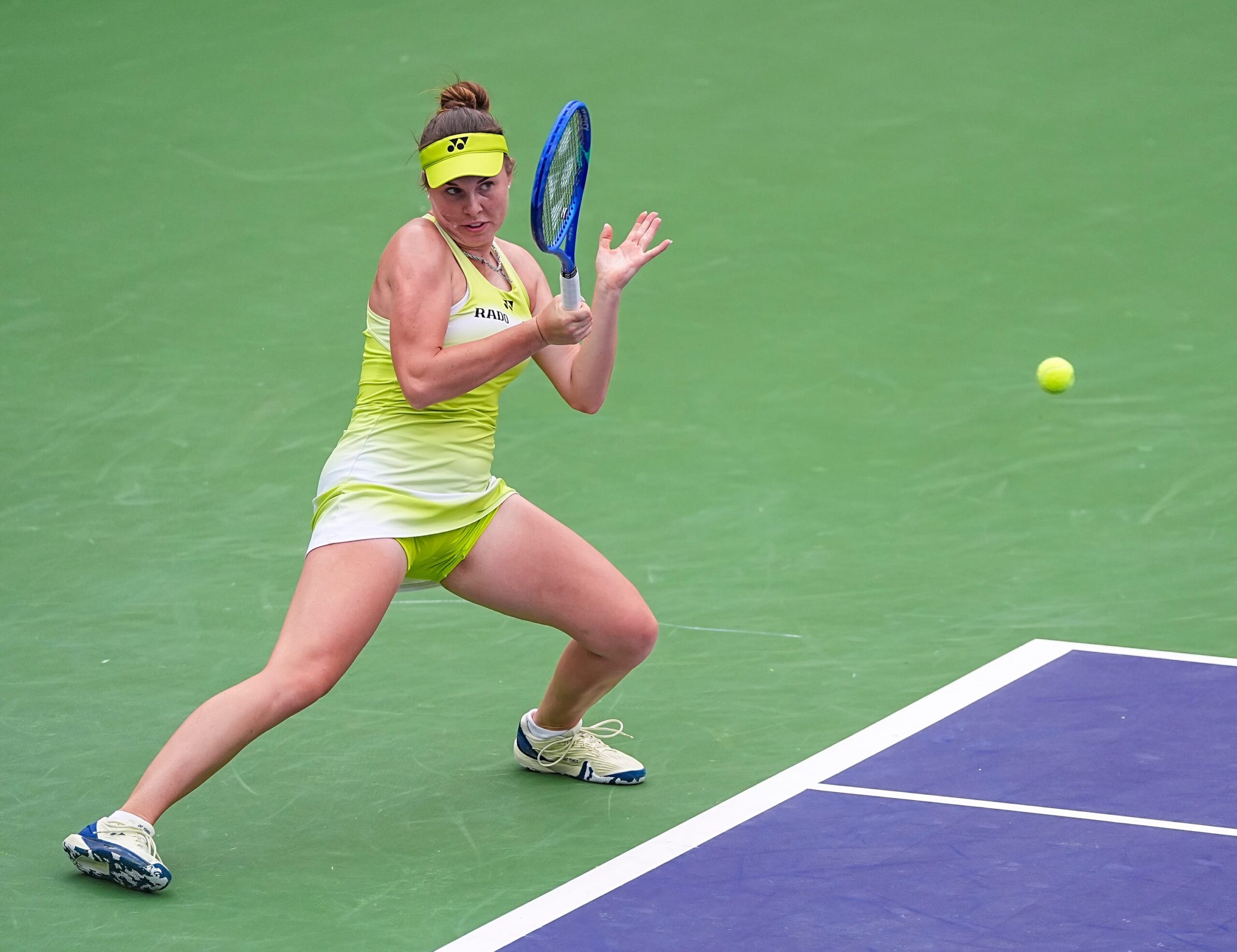 Linda Noskova hits to Aryna Sabalenka during their semifinal match at the BNP Paribas Open in Indian Wells, Calif., Friday, March 13, 2026.