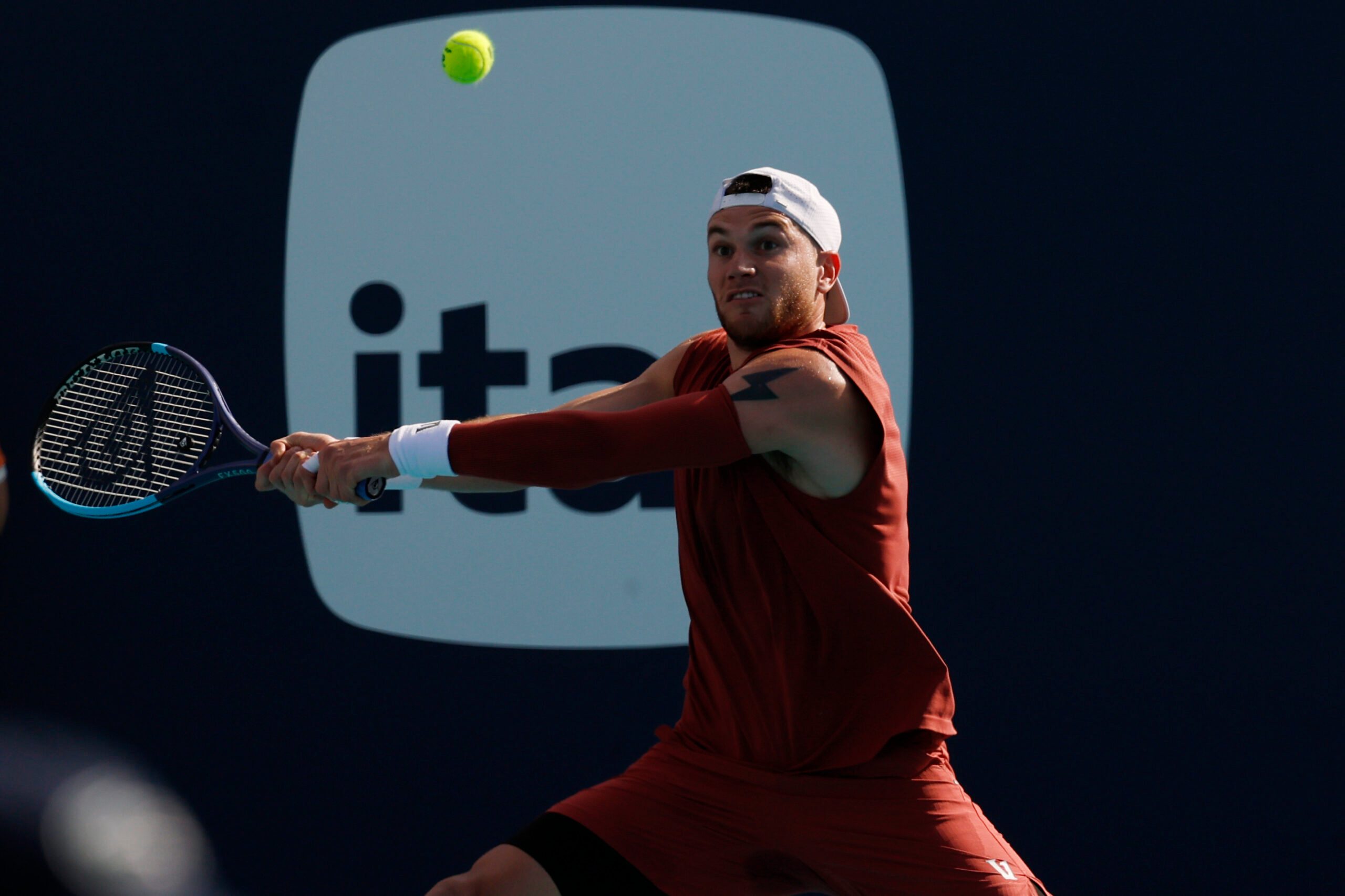 Mar 20, 2026; Miami Gardens, FL, USA; Jack Draper (GBR) hits a backhand against Reilly Opelka (USA) (not pictured) on day four of the 2026 Miami Open at Hard Rock Stadium. Mandatory Credit: Geoff Burke-Imagn Images
