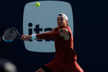 Mar 20, 2026; Miami Gardens, FL, USA; Jack Draper (GBR) hits a backhand against Reilly Opelka (USA) (not pictured) on day four of the 2026 Miami Open at Hard Rock Stadium. Mandatory Credit: Geoff Burke-Imagn Images