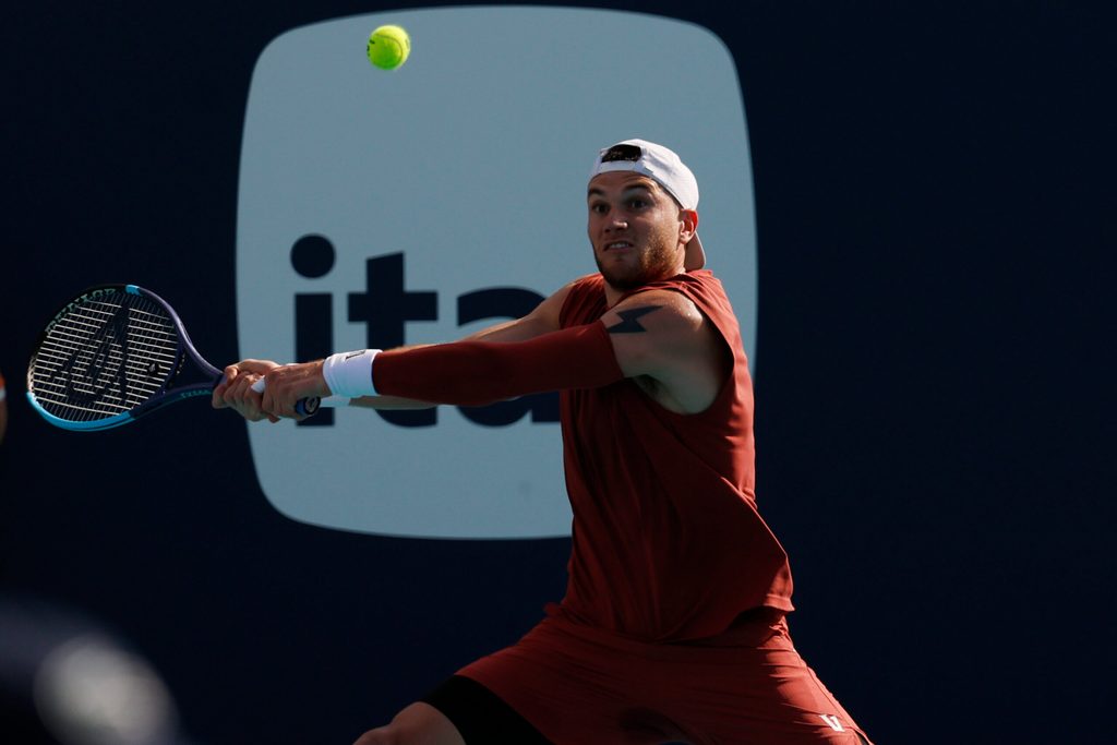 Mar 20, 2026; Miami Gardens, FL, USA; Jack Draper (GBR) hits a backhand against Reilly Opelka (USA) (not pictured) on day four of the 2026 Miami Open at Hard Rock Stadium. Mandatory Credit: Geoff Burke-Imagn Images