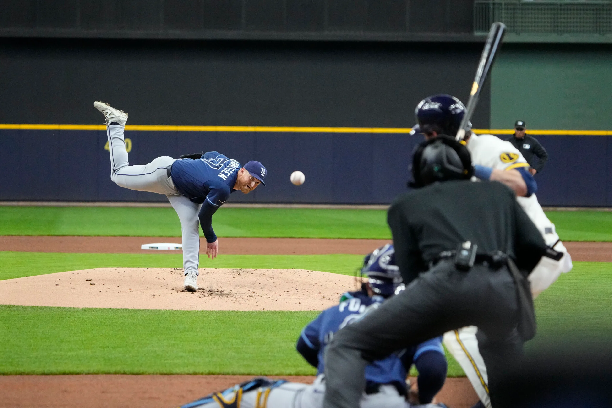 Apr 1, 2026; Milwaukee, Wisconsin, USA; Tampa Bay Rays pitcher Drew Rasmussen (57) delivers a pitch against the Milwaukee Brewers in the first inning at American Family Field. Mandatory Credit: Michael McLoone-Imagn Images