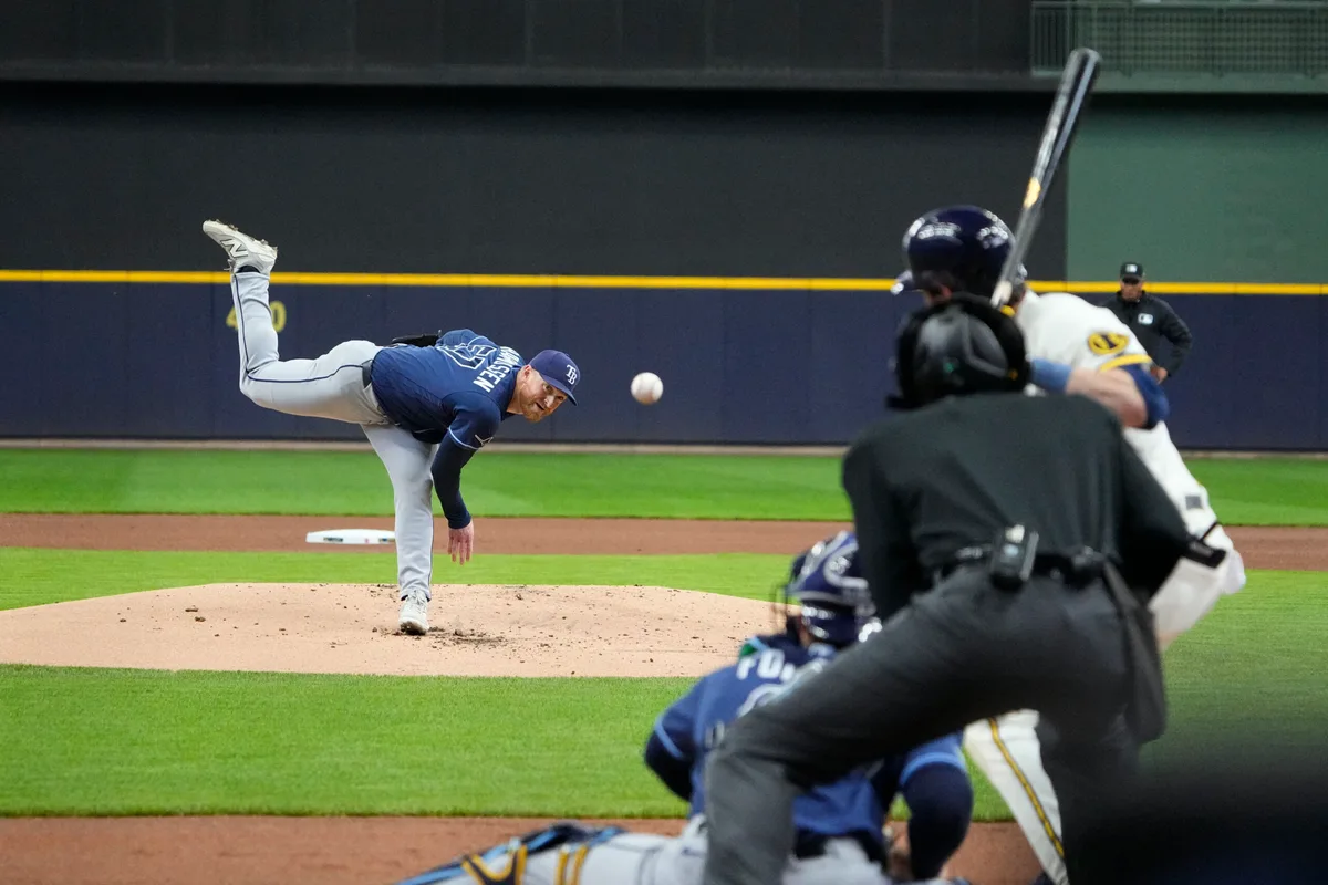 Apr 1, 2026; Milwaukee, Wisconsin, USA; Tampa Bay Rays pitcher Drew Rasmussen (57) delivers a pitch against the Milwaukee Brewers in the first inning at American Family Field. Mandatory Credit: Michael McLoone-Imagn Images