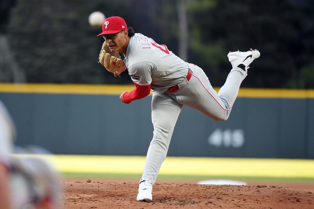 Apr 4, 2026; Denver, Colorado, USA; Philadelphia Phillies pitcher Jesus Luzardo (44) pitches during the first inning against the Colorado Rockies at Coors Field. Mandatory Credit: Christopher Hanewinckel-Imagn Images