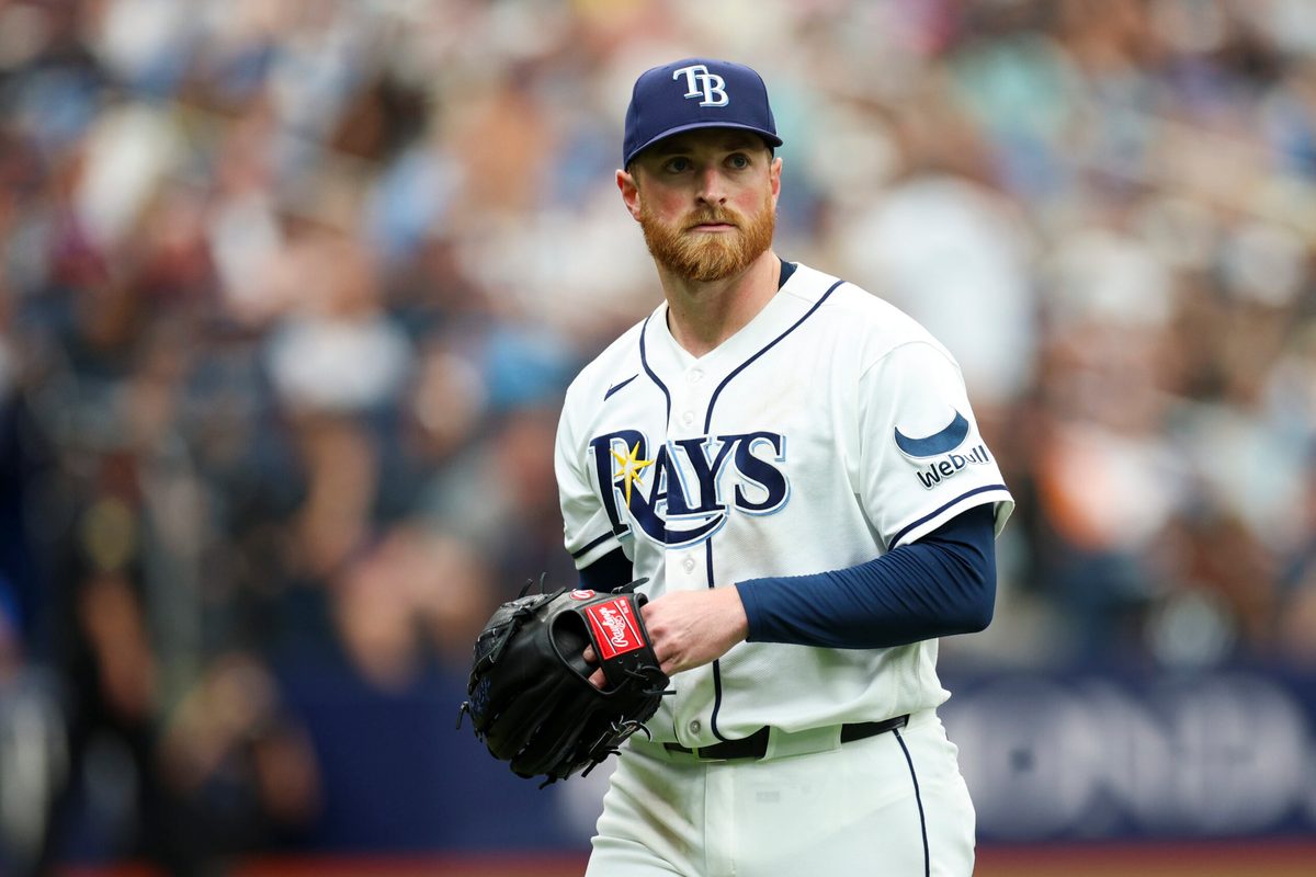 Apr 12, 2026; St. Petersburg, Florida, USA; Tampa Bay Rays starting pitcher Drew Rasmussen (57) walks off the field after pitching against the New York Yankees in the third inning at Tropicana Field. Mandatory Credit: Nathan Ray Seebeck-Imagn Images