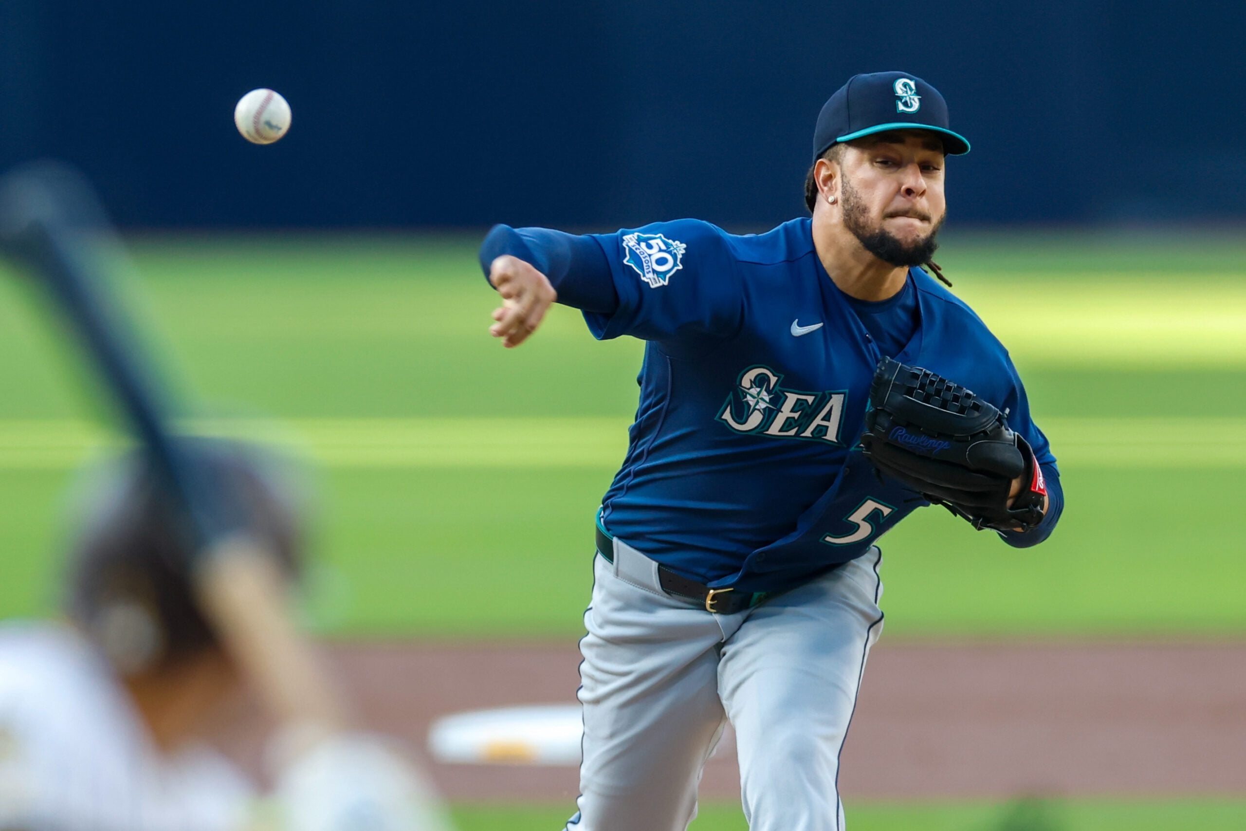 Apr 16, 2026; San Diego, California, USA; Seattle Mariners starting pitcher Luis Castillo (58) throws a pitch during the first inning against the San Diego Padres at Petco Park. Mandatory Credit: David Frerker-Imagn Images