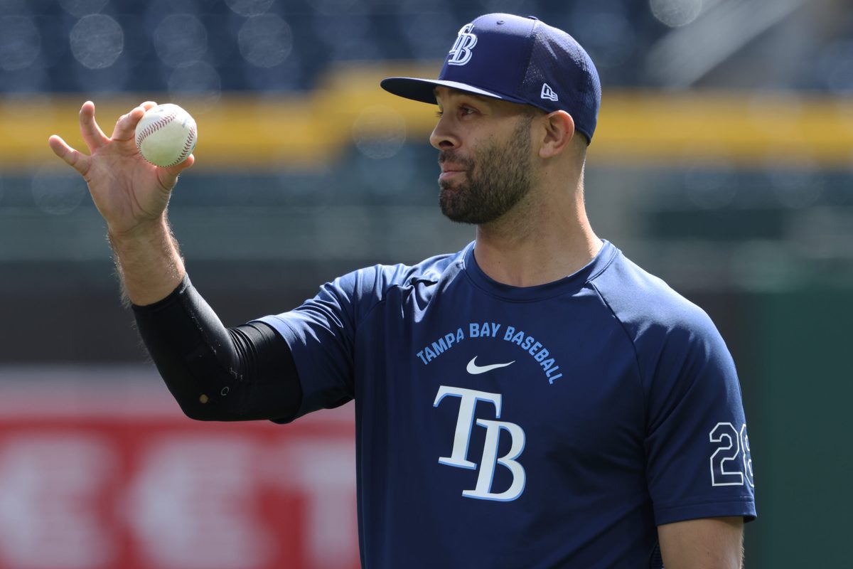 Apr 19, 2026; Pittsburgh, Pennsylvania, USA;  Tampa Bay Rays pitcher Nick Martinez (28) before the game against the Pittsburgh Pirates at PNC Park. Mandatory Credit: Charles LeClaire-Imagn Images
