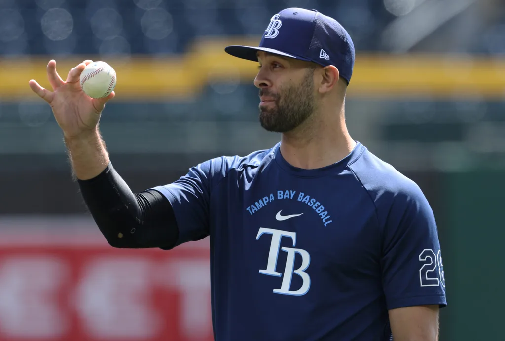 Apr 19, 2026; Pittsburgh, Pennsylvania, USA; Tampa Bay Rays pitcher Nick Martinez (28) before the game against the Pittsburgh Pirates at PNC Park. Mandatory Credit: Charles LeClaire-Imagn Images
