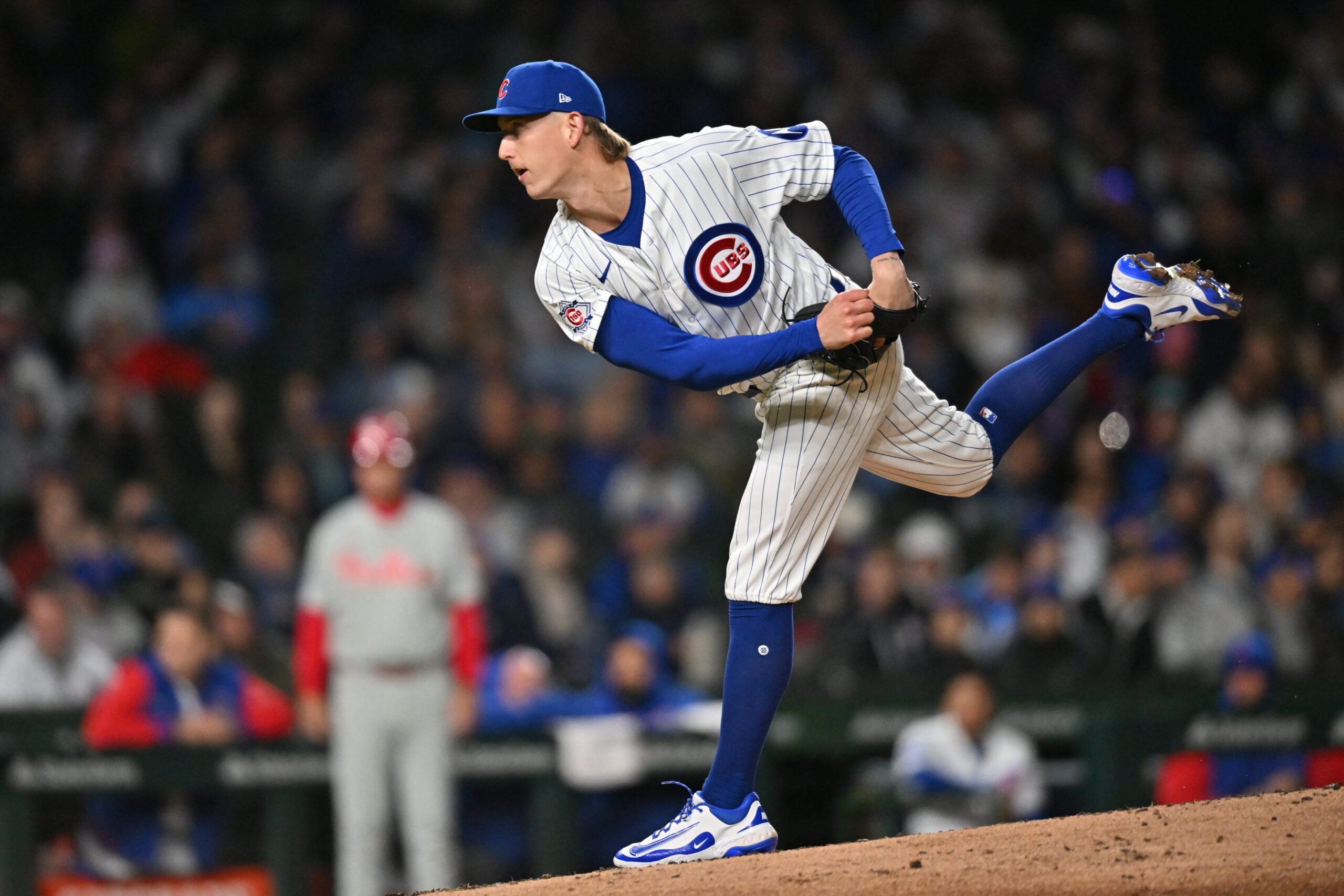 Apr 22, 2026; Chicago, Illinois, USA; Chicago Cubs pitcher Ben Brown (32) pitches against the Philadelphia Phillies during the fifth inning at Wrigley Field. Mandatory Credit: Patrick Gorski-Imagn Images