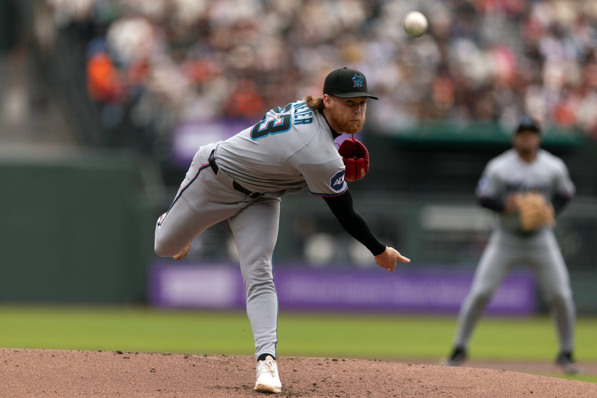 Apr 26, 2026; San Francisco, California, USA; Miami Marlins starting pitcher Max Meyer (23) delivers a pitch against the San Francisco Giants during the first inning at Oracle Park. Mandatory Credit: D. Ross Cameron-Imagn Images