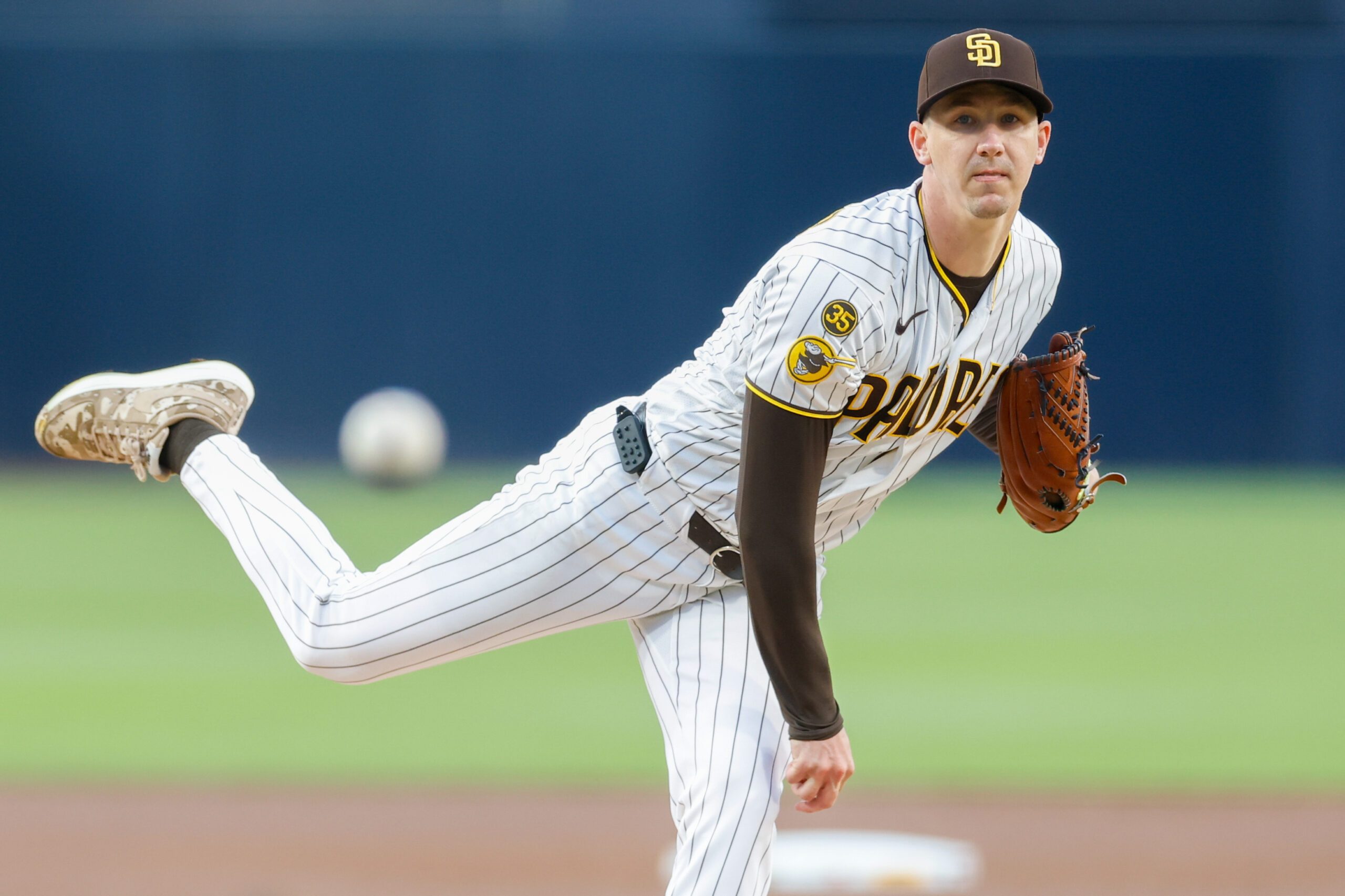 Apr 28, 2026; San Diego, California, USA; San Diego Padres starting pitcher Walker Buehler (10) throws a pitch during the first inning against the Chicago Cubs at Petco Park. Mandatory Credit: David Frerker-Imagn Images