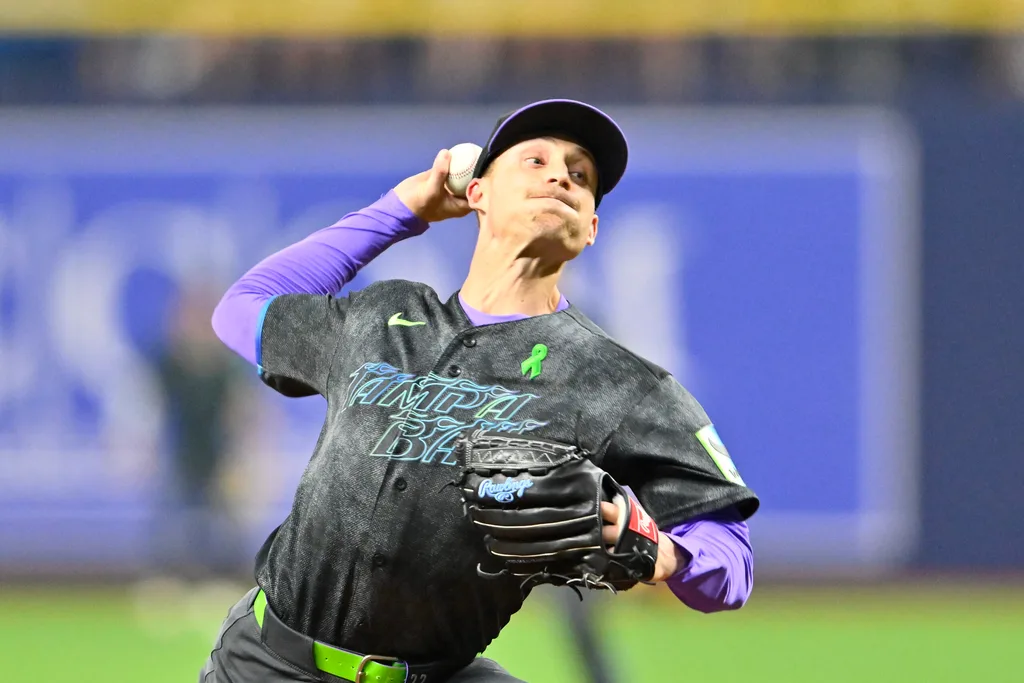 May 2, 2026; St. Petersburg, Florida, USA; Tampa Bay Rays pitcher Griffin Jax (22) throws a pitch during the first inning against San Francisco Giants at Tropicana Field. Mandatory Credit: Pablo Robles-Imagn Images