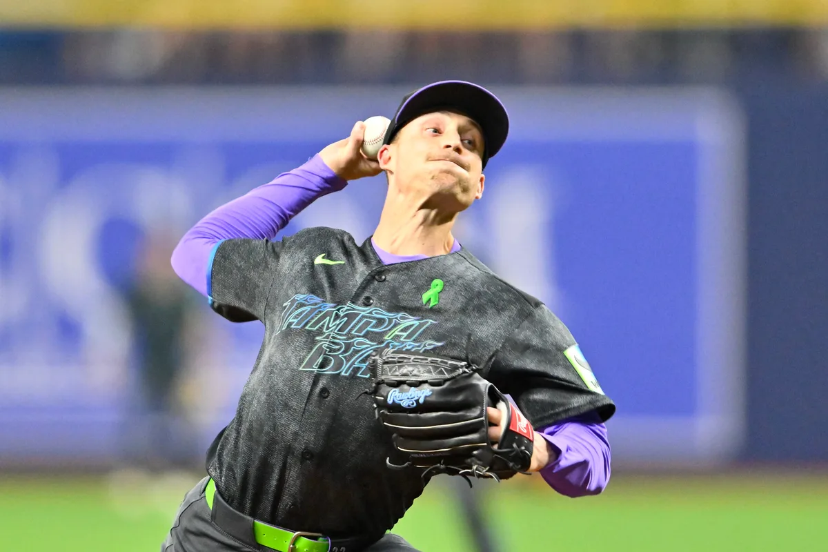 May 2, 2026; St. Petersburg, Florida, USA; Tampa Bay Rays pitcher Griffin Jax (22) throws a pitch during the first inning against San Francisco Giants at Tropicana Field. Mandatory Credit: Pablo Robles-Imagn Images