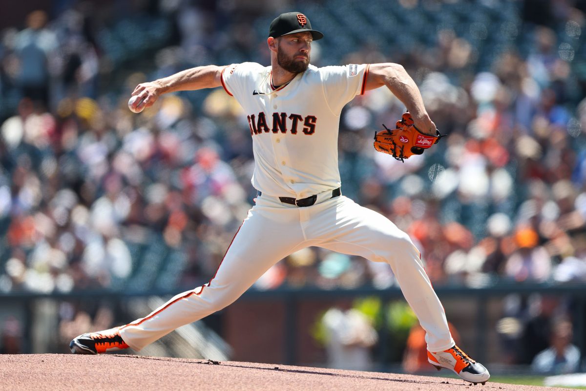 May 6, 2026; San Francisco, California, USA; San Francisco Giants pitcher Adrian Houser (12) throws to a San Diego Padres batter during the first inning at Oracle Park. Mandatory Credit: Scott Marshall-Imagn Images