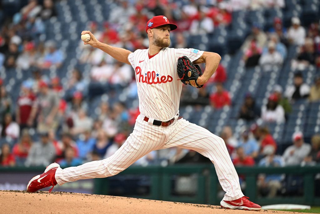 May 6, 2026; Philadelphia, Pennsylvania, USA; Philadelphia Phillies pitcher Zack Wheeler (45) throws a pitch against the Athletics during the first inning at Citizens Bank Park. Mandatory Credit: Eric Hartline-Imagn Images