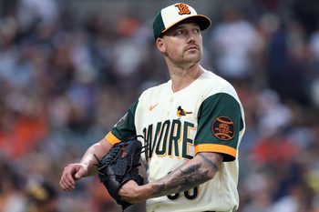May 8, 2026; Baltimore, Maryland, USA; Baltimore Orioles pitcher Kyle Bradish (38) during the first inning against the Athletics at Oriole Park at Camden Yards. Mandatory Credit: Daniel Kucin Jr.-Imagn Images