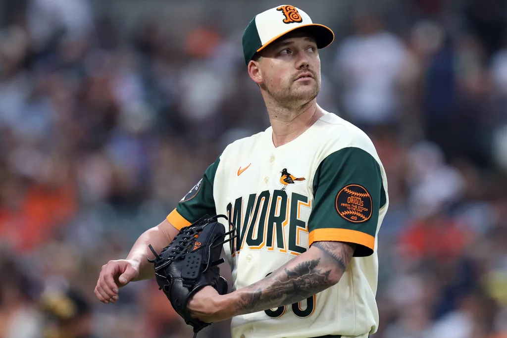 May 8, 2026; Baltimore, Maryland, USA; Baltimore Orioles pitcher Kyle Bradish (38) during the first inning against the Athletics at Oriole Park at Camden Yards. Mandatory Credit: Daniel Kucin Jr.-Imagn Images