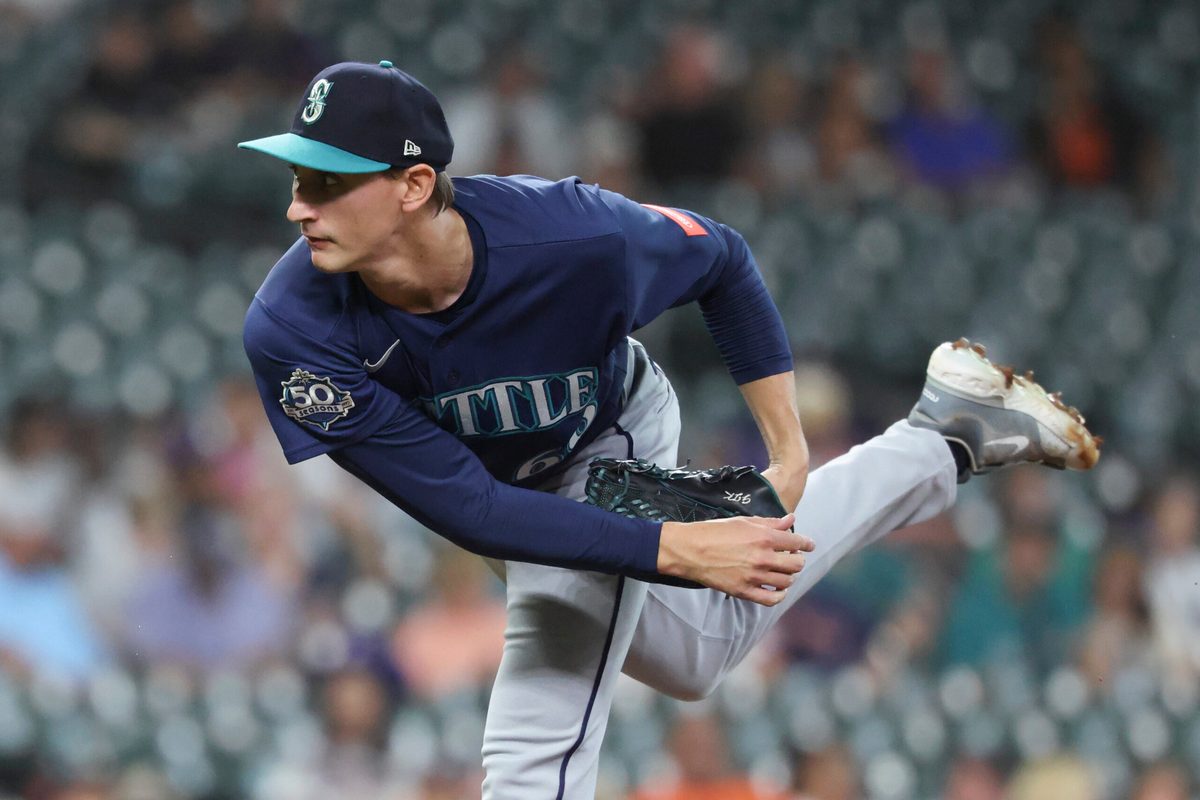 May 11, 2026; Houston, Texas, USA; Seattle Mariners starting pitcher George Kirby (68) delivers a pitch during the first inning against the Houston Astros at Daikin Park. Mandatory Credit: Troy Taormina-Imagn Images