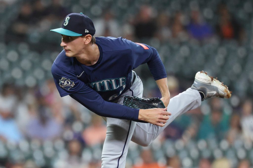 May 11, 2026; Houston, Texas, USA; Seattle Mariners starting pitcher George Kirby (68) delivers a pitch during the first inning against the Houston Astros at Daikin Park. Mandatory Credit: Troy Taormina-Imagn Images