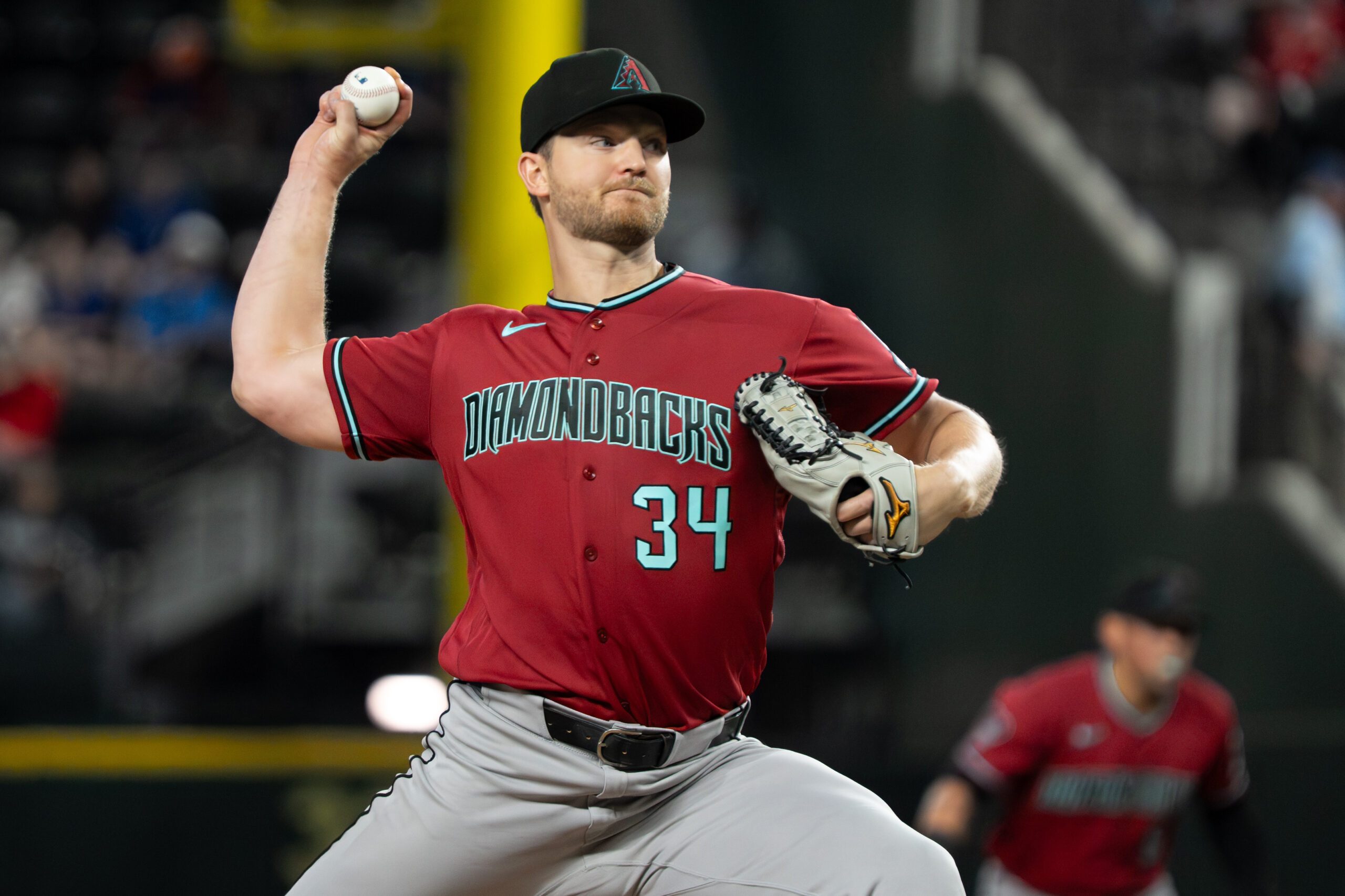May 11, 2026; Arlington, Texas, USA;  Arizona Diamondbacks pitcher Michael Soroka (34) throws to the plate during the fourth inning against the Texas Rangers at Globe Life Field. Mandatory Credit: Raymond Carlin III-Imagn Images