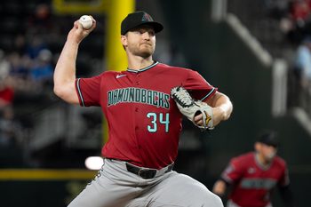 May 11, 2026; Arlington, Texas, USA;  Arizona Diamondbacks pitcher Michael Soroka (34) throws to the plate during the fourth inning against the Texas Rangers at Globe Life Field. Mandatory Credit: Raymond Carlin III-Imagn Images