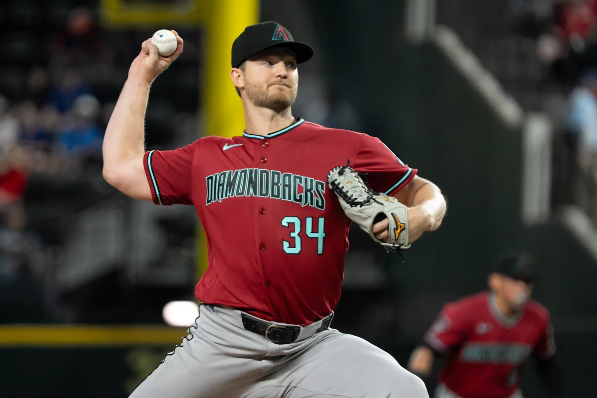 May 11, 2026; Arlington, Texas, USA; Arizona Diamondbacks pitcher Michael Soroka (34) throws to the plate during the fourth inning against the Texas Rangers at Globe Life Field. Mandatory Credit: Raymond Carlin III-Imagn Images