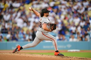 May 13, 2026; Los Angeles, California, USA; San Francisco Giants pitcher Robbie Ray (38) delivers a pitch in first inning against the Los Angeles Dodgers at Dodger Stadium. Mandatory Credit: Gary A. Vasquez-Imagn Images