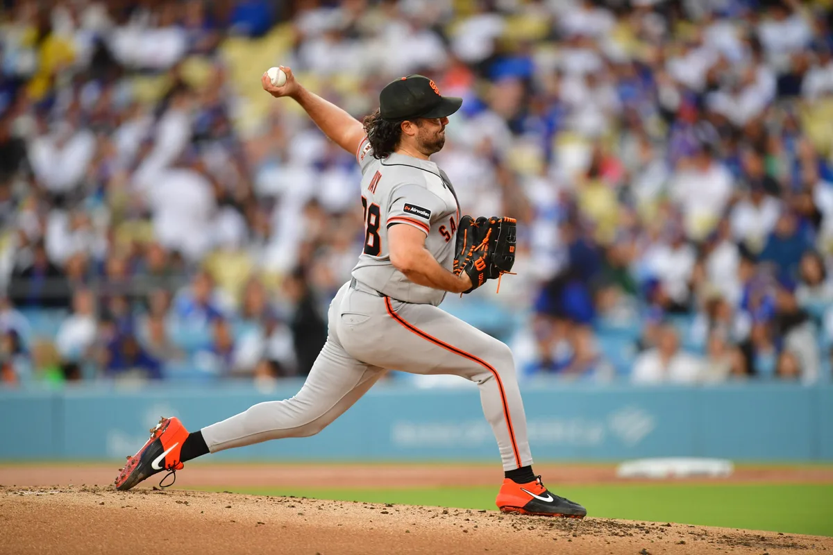 May 13, 2026; Los Angeles, California, USA; San Francisco Giants pitcher Robbie Ray (38) delivers a pitch in first inning against the Los Angeles Dodgers at Dodger Stadium. Mandatory Credit: Gary A. Vasquez-Imagn Images