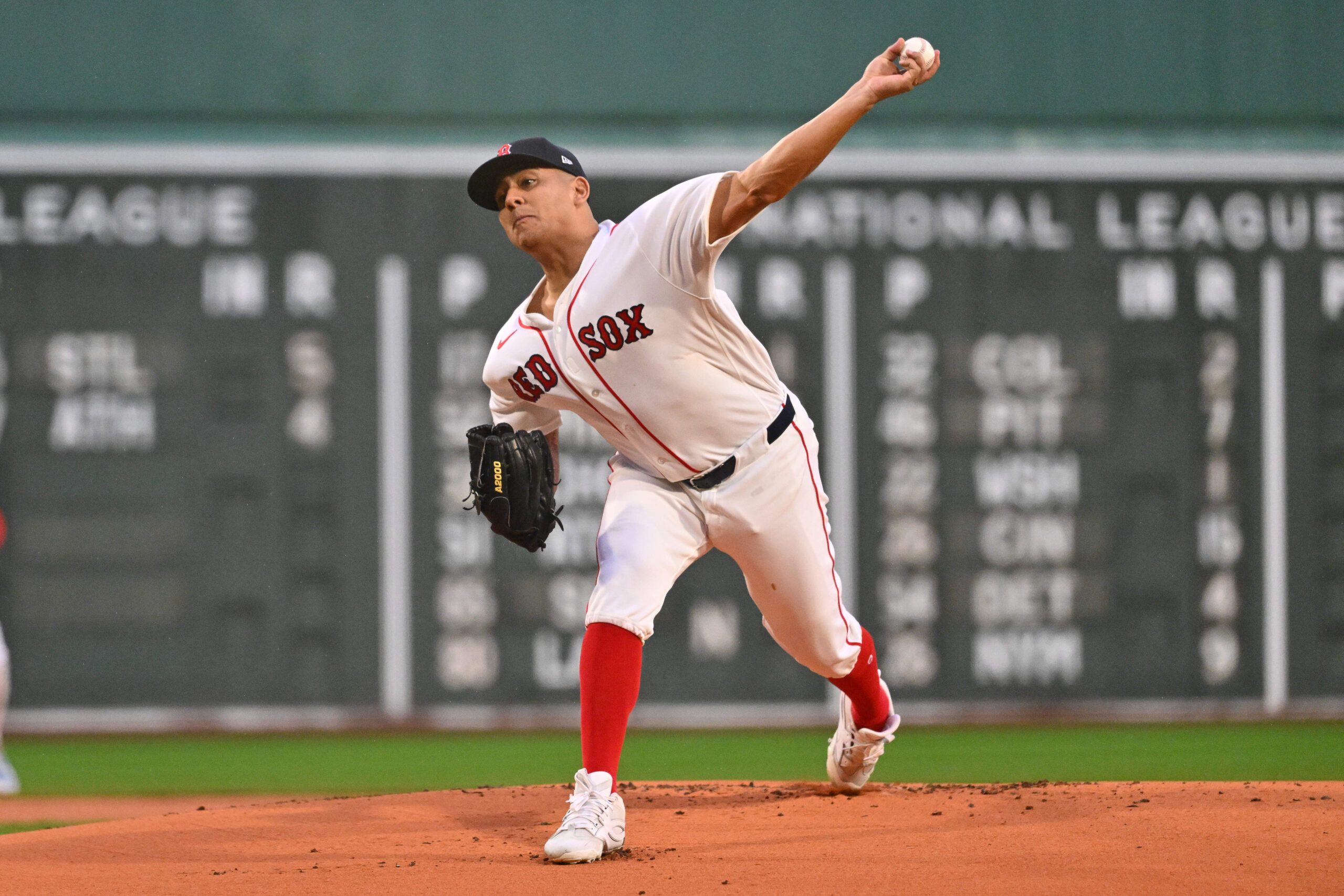 May 14, 2026; Boston, Massachusetts, USA; Boston Red Sox starting pitcher Ranger Suarez (55) pitches against the Philadelphia Phillies during the first inning at Fenway Park. Mandatory Credit: Eric Canha-Imagn Images