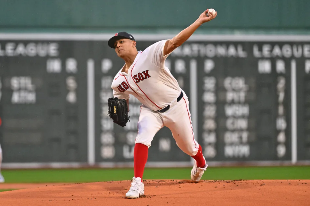 May 14, 2026; Boston, Massachusetts, USA; Boston Red Sox starting pitcher Ranger Suarez (55) pitches against the Philadelphia Phillies during the first inning at Fenway Park. Mandatory Credit: Eric Canha-Imagn Images