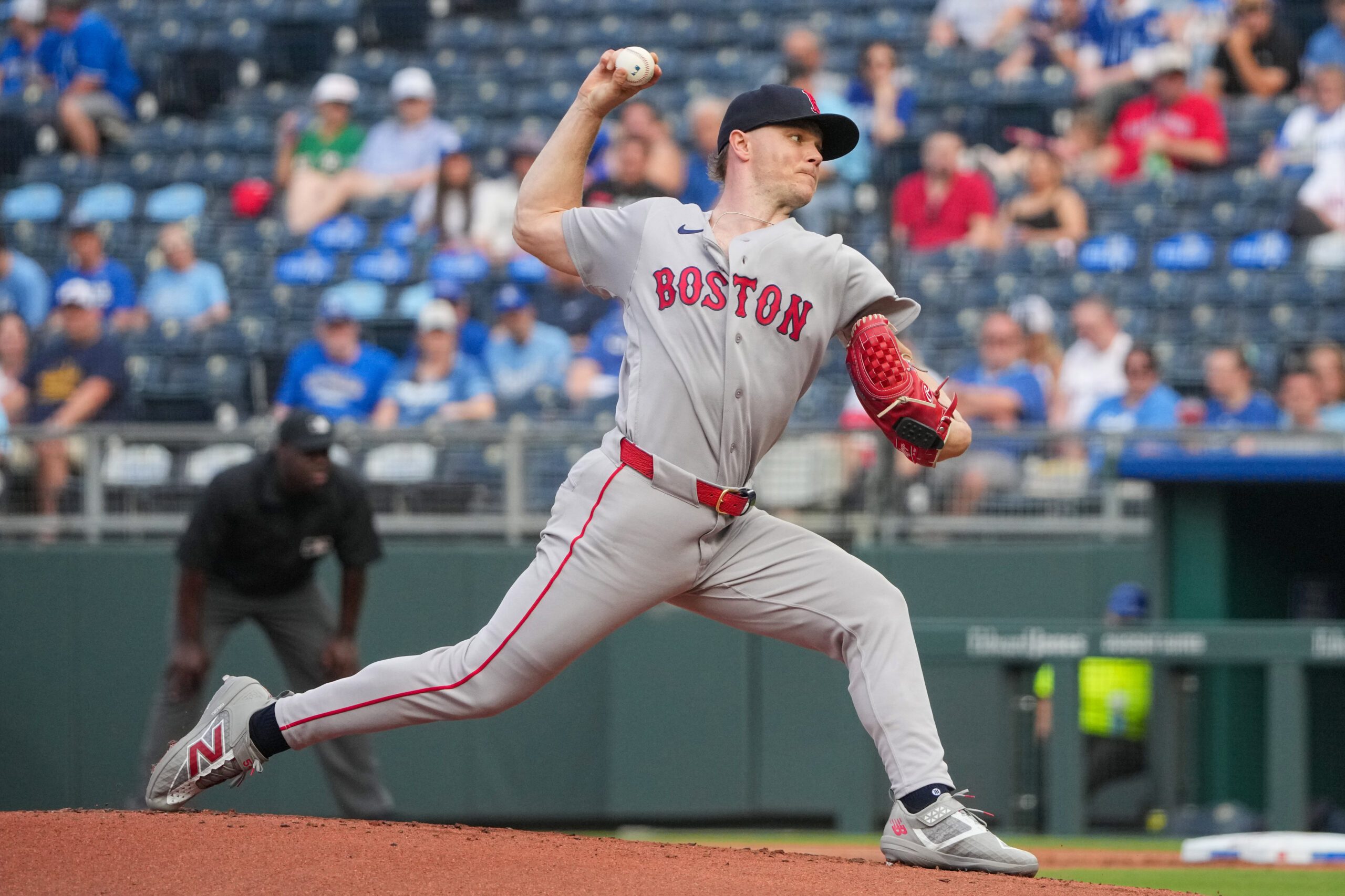 May 18, 2026; Kansas City, Missouri, USA; Boston Red Sox starting pitcher Sonny Gray (54) delivers a pitch against the Kansas City Royals during the first inning at Kauffman Stadium. Mandatory Credit: Denny Medley-Imagn Images