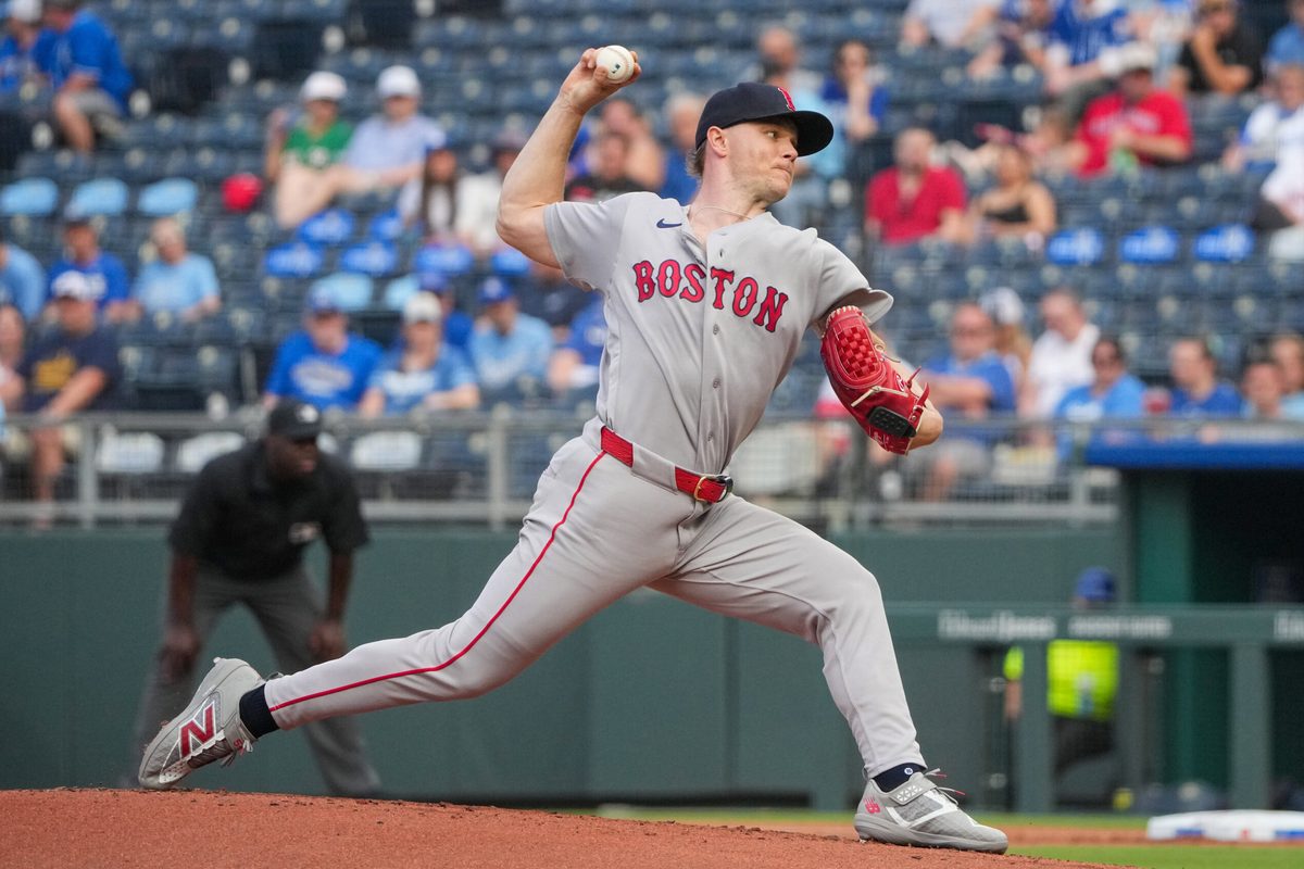 May 18, 2026; Kansas City, Missouri, USA; Boston Red Sox starting pitcher Sonny Gray (54) delivers a pitch against the Kansas City Royals during the first inning at Kauffman Stadium. Mandatory Credit: Denny Medley-Imagn Images