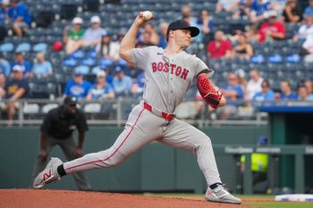 May 18, 2026; Kansas City, Missouri, USA; Boston Red Sox starting pitcher Sonny Gray (54) delivers a pitch against the Kansas City Royals during the first inning at Kauffman Stadium. Mandatory Credit: Denny Medley-Imagn Images