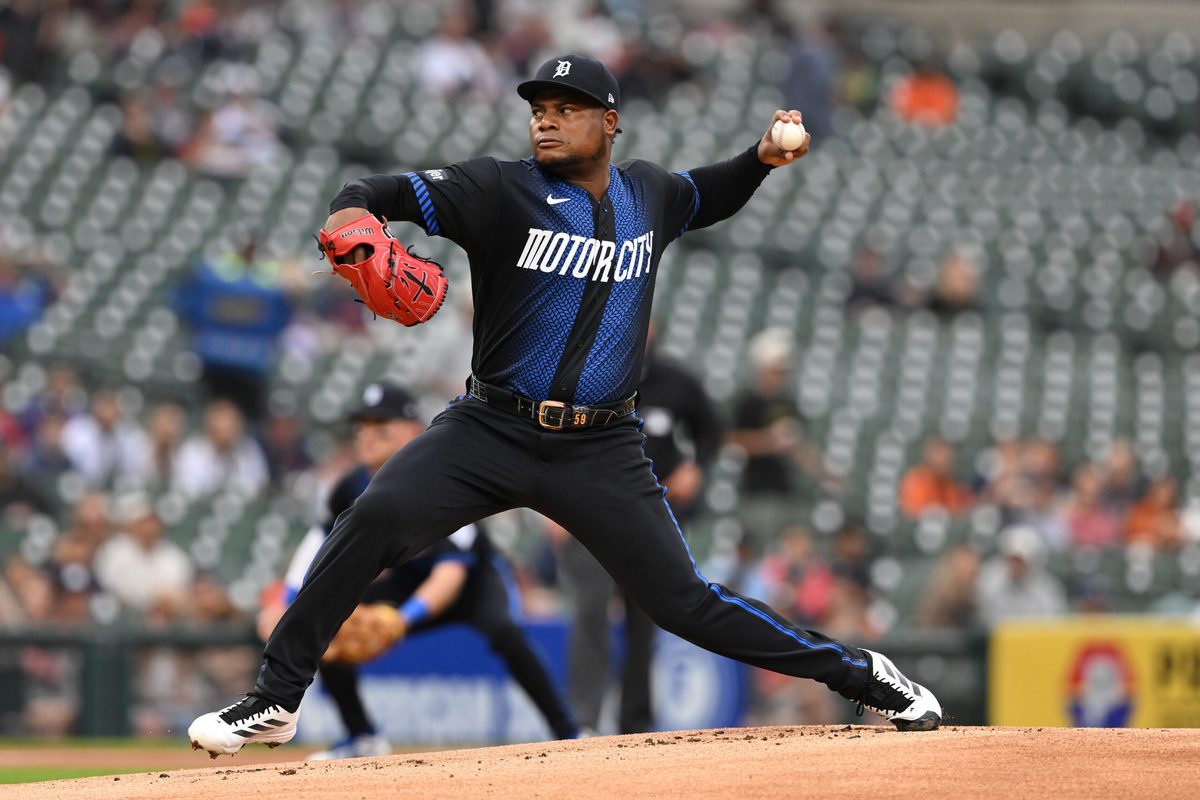 May 18, 2026; Detroit, Michigan, USA; Detroit Tigers starting pitcher Framber Valdez (59) throws a pitch against the Cleveland Guardians in the first inning at Comerica Park. Mandatory Credit: Lon Horwedel-Imagn Images