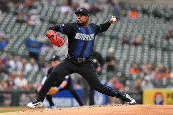 May 18, 2026; Detroit, Michigan, USA; Detroit Tigers starting pitcher Framber Valdez (59) throws a pitch against the Cleveland Guardians in the first inning at Comerica Park. Mandatory Credit: Lon Horwedel-Imagn Images