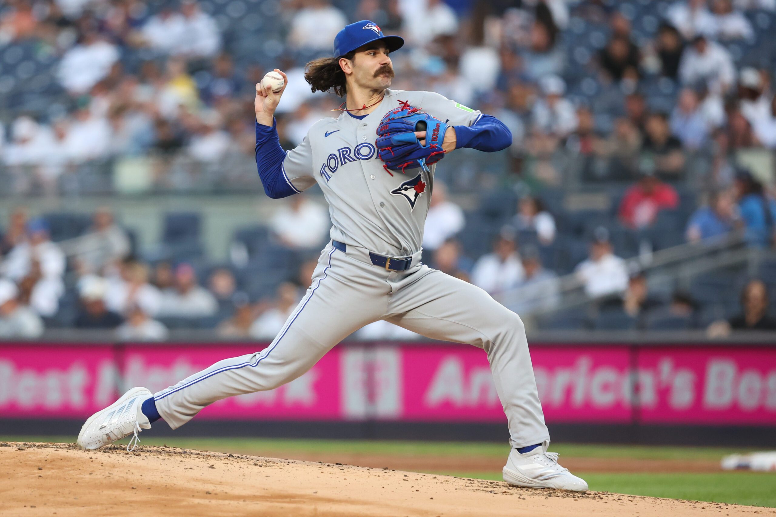 May 19, 2026; Bronx, New York, USA;  Toronto Blue Jays starting pitcher Dylan Cease (84) pitches in the first inning against the New York Yankees at Yankee Stadium. Mandatory Credit: Wendell Cruz-Imagn Images
