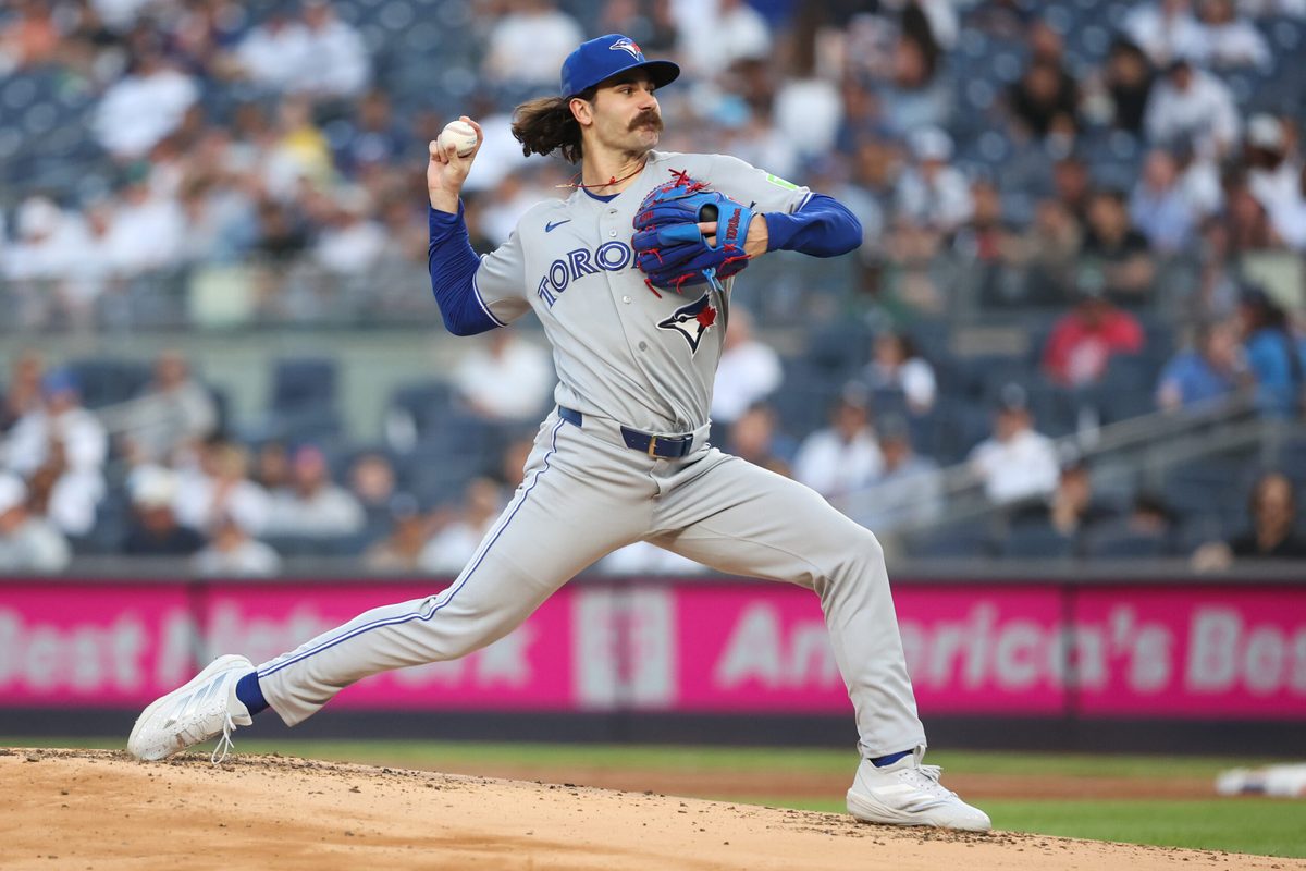 May 19, 2026; Bronx, New York, USA;  Toronto Blue Jays starting pitcher Dylan Cease (84) pitches in the first inning against the New York Yankees at Yankee Stadium. Mandatory Credit: Wendell Cruz-Imagn Images