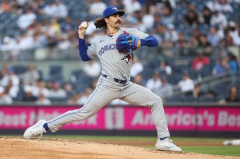 May 19, 2026; Bronx, New York, USA;  Toronto Blue Jays starting pitcher Dylan Cease (84) pitches in the first inning against the New York Yankees at Yankee Stadium. Mandatory Credit: Wendell Cruz-Imagn Images