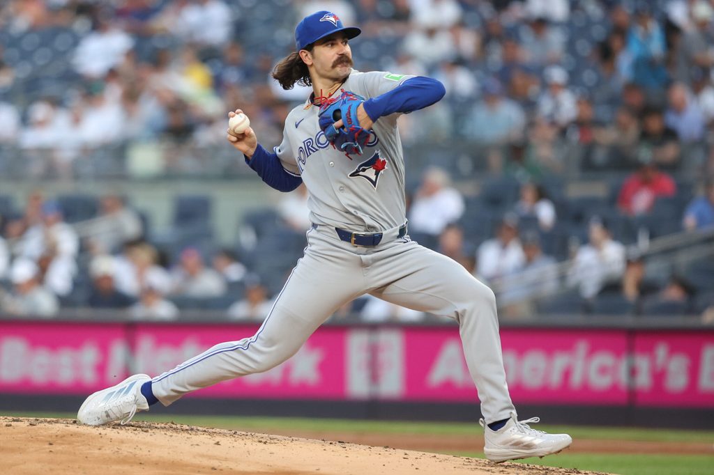 May 19, 2026; Bronx, New York, USA; Toronto Blue Jays starting pitcher Dylan Cease (84) pitches in the first inning against the New York Yankees at Yankee Stadium. Mandatory Credit: Wendell Cruz-Imagn Images
