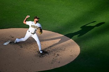 May 20, 2026; San Diego, California, USA; San Diego Padres pitcher Randy Vasquez (98) delivers during the second inning against the Los Angeles Dodgers at Petco Park. Mandatory Credit: Denis Poroy-Imagn Images