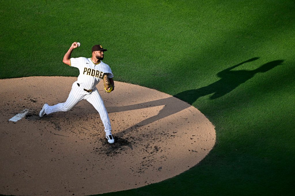 May 20, 2026; San Diego, California, USA; San Diego Padres pitcher Randy Vasquez (98) delivers during the second inning against the Los Angeles Dodgers at Petco Park. Mandatory Credit: Denis Poroy-Imagn Images