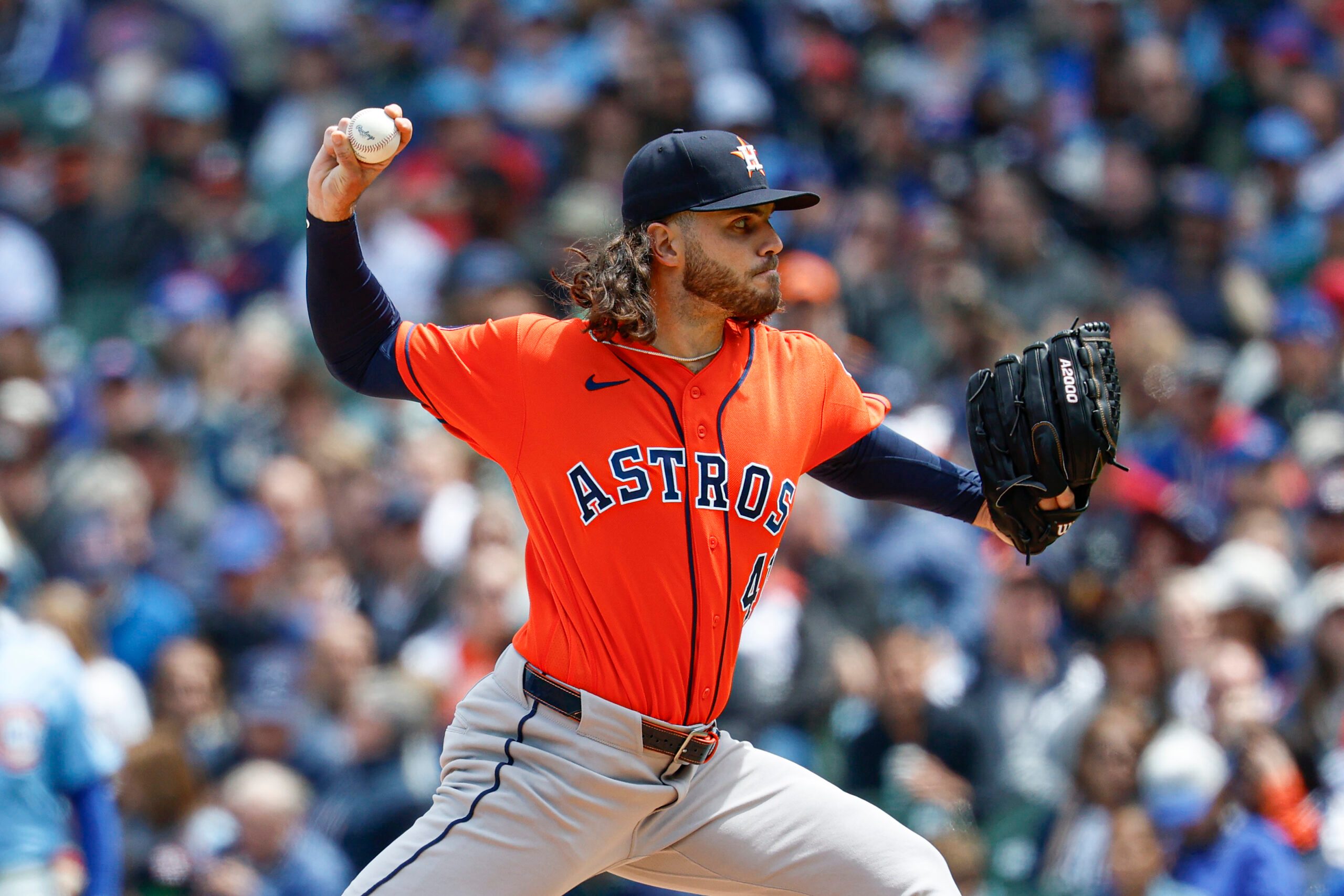 May 22, 2026; Chicago, Illinois, USA; Houston Astros starting pitcher Spencer Arrighetti (41) delivers a pitch against the Chicago Cubs during the first inning at Wrigley Field. Mandatory Credit: Kamil Krzaczynski-Imagn Images