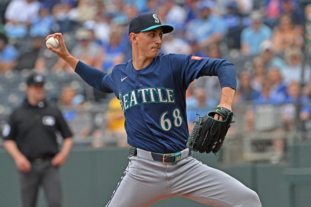 May 23, 2026; Kansas City, Missouri, USA; Seattle Mariners starting pitcher George Kirby (68) throws a pitch in the first inning against the Seattle Mariners at Kauffman Stadium. Mandatory Credit: Peter Aiken-Imagn Images