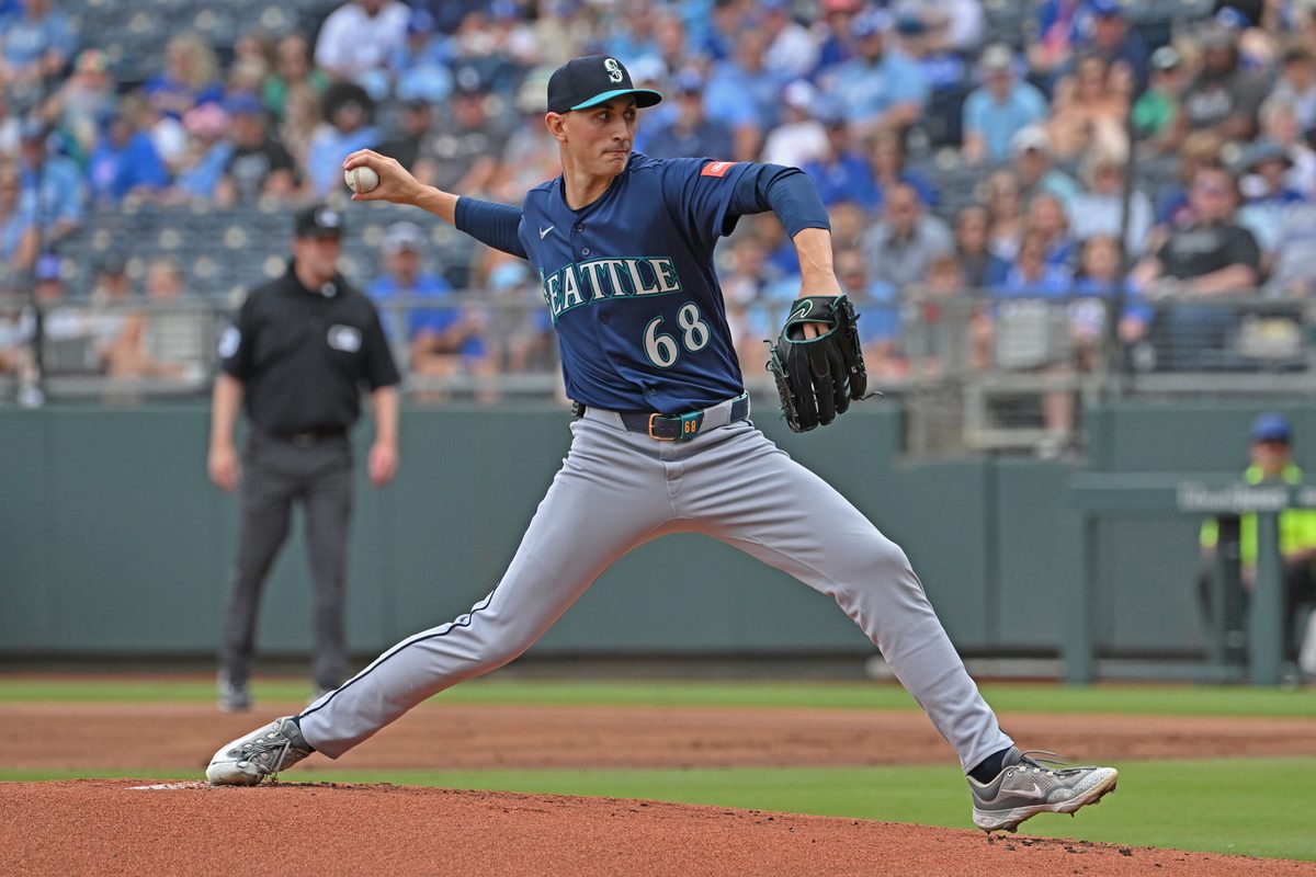 May 23, 2026; Kansas City, Missouri, USA;  Seattle Mariners starting pitcher George Kirby (68) throws a pitch in the first inning against the Seattle Mariners at Kauffman Stadium. Mandatory Credit: Peter Aiken-Imagn Images