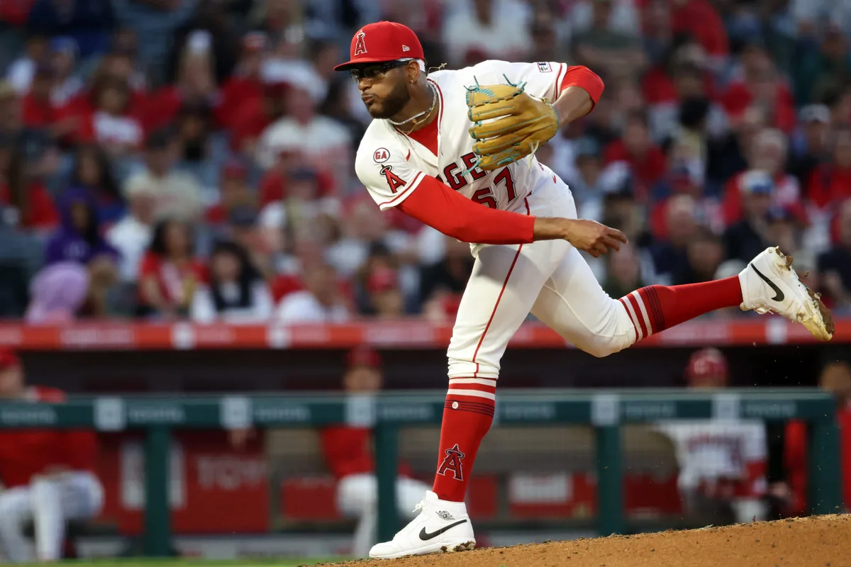 May 23, 2026; Anaheim, California, USA; Los Angeles Angels pitcher Walbert Urena (57) pitches during the third inning against the Texas Rangers at Angel Stadium. Mandatory Credit: Kiyoshi Mio-Imagn Images