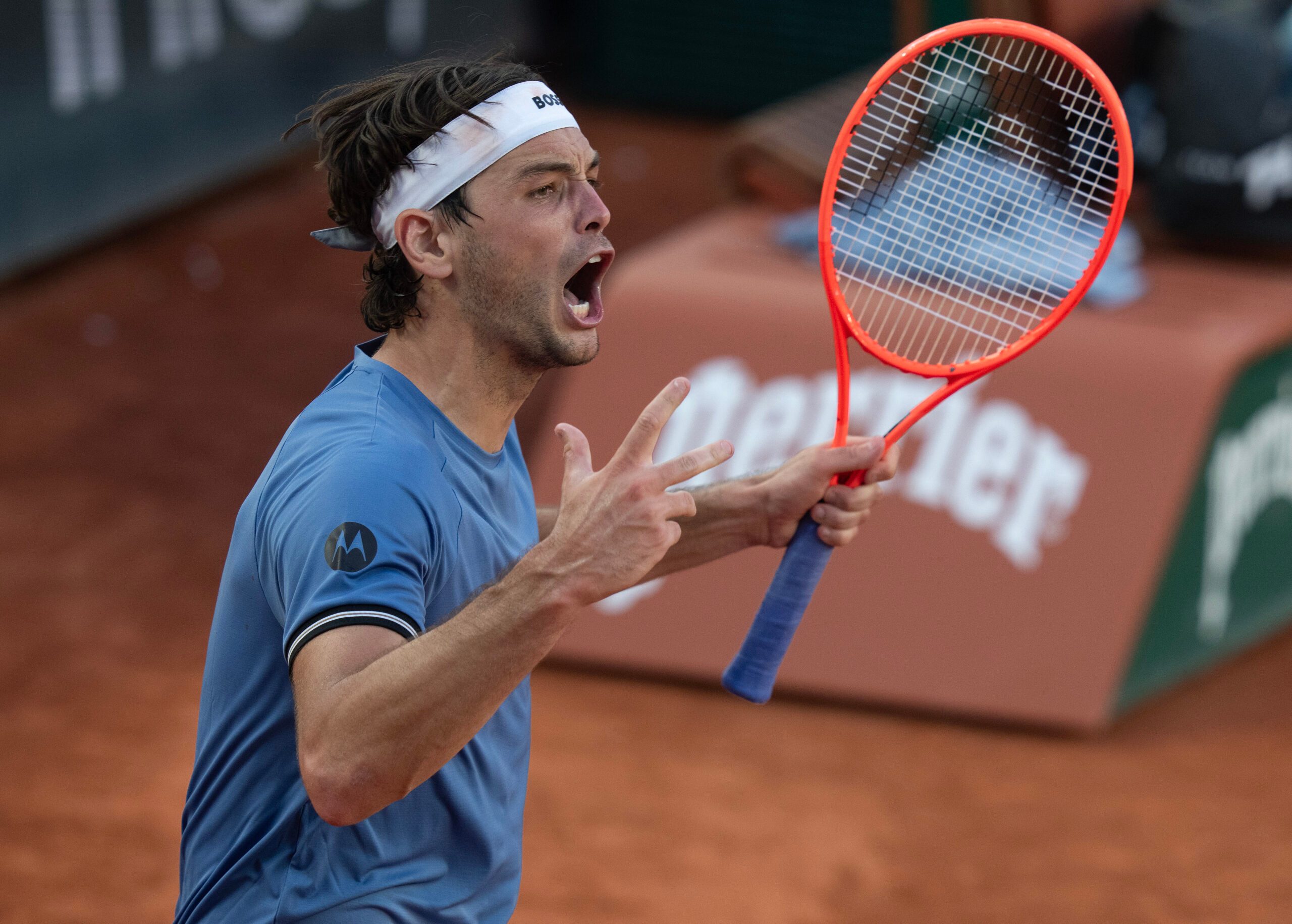 May 24, 2026; Paris, France;  Taylor Fritz of the United States reacts in his first round match against Nishesh Basavareddy of the United States on day one at Stade Roland Garros. Mandatory Credit: Susan Mullane-Imagn Images