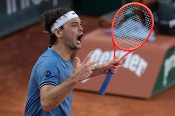 May 24, 2026; Paris, France;  Taylor Fritz of the United States reacts in his first round match against Nishesh Basavareddy of the United States on day one at Stade Roland Garros. Mandatory Credit: Susan Mullane-Imagn Images