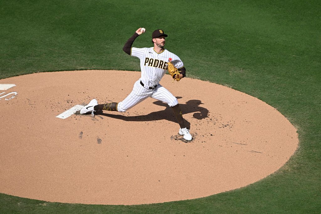 May 25, 2026; San Diego, California, USA; San Diego Padres pitcher Griffin Canning (17) delivers during the the first inning against the Philadelphia Phillies at Petco Park. Mandatory Credit: Denis Poroy-Imagn Images