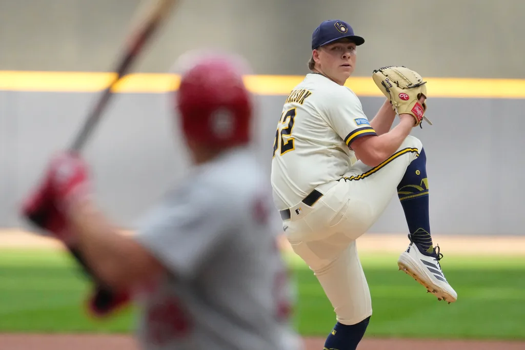 May 26, 2026; Milwaukee, Wisconsin, USA; Milwaukee Brewers pitcher Kyle Harrison (52) delivers a pitch against the St. Louis Cardinals in the first inning at American Family Field. Mandatory Credit: Michael McLoone-Imagn Images